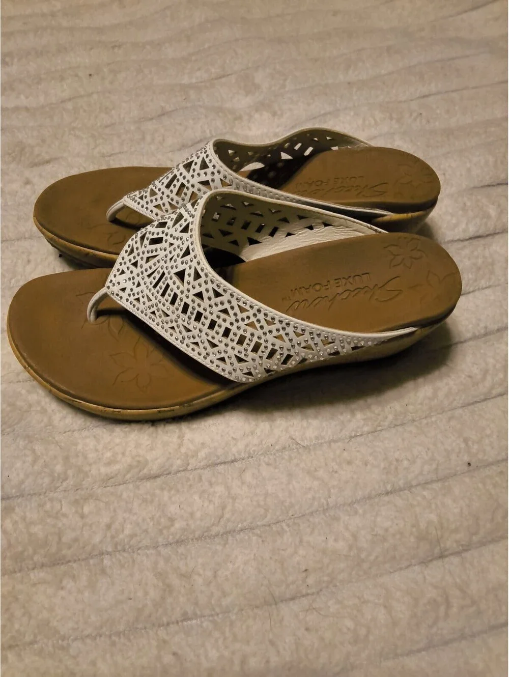 Skechers White Laser Cut Wedge Sandals Size 8